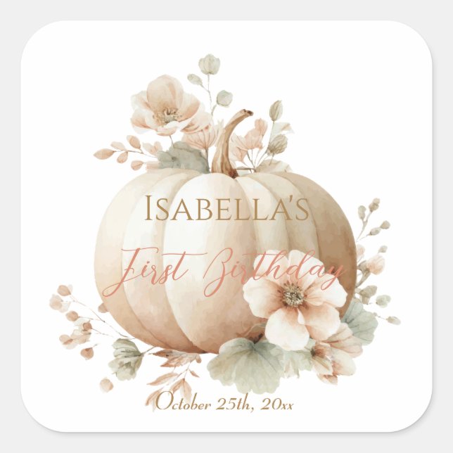 Adesivo Quadrado Título: Little Pumpkin First Birthday Sticker (Frente)