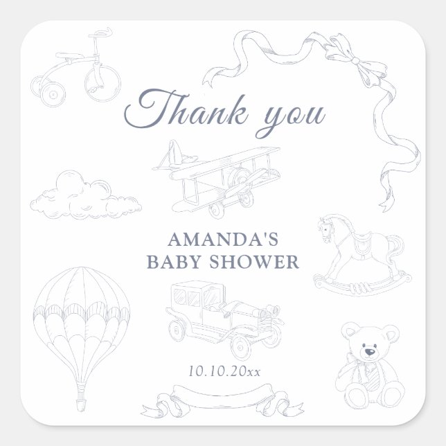 Adesivo Quadrado Toile de Jouy Nursery Baby Shower Thank you (Frente)