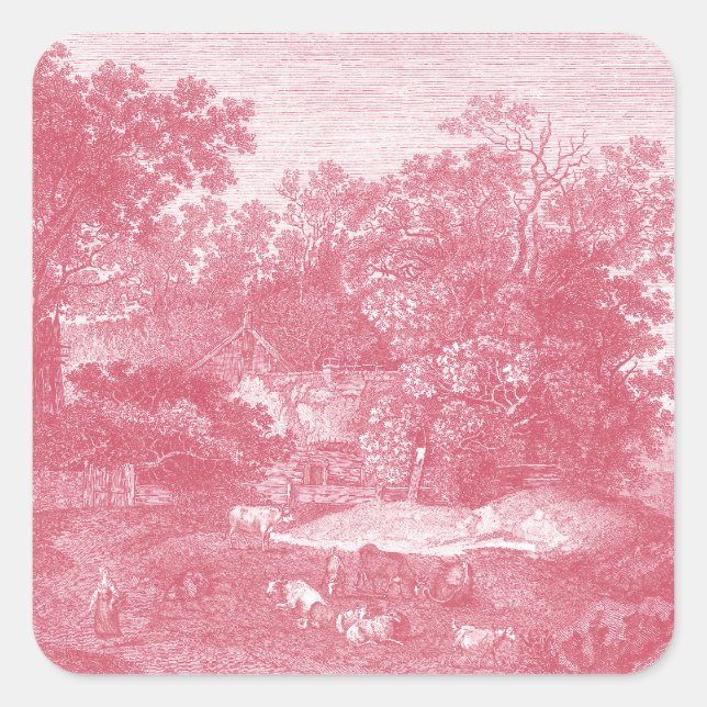 Adesivo Quadrado Toile de Jouy Shabby Paisagem Pastoral Rosa (Frente)