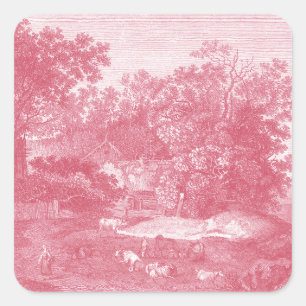 Adesivo Quadrado Toile de Jouy Shabby Paisagem Pastoral Rosa