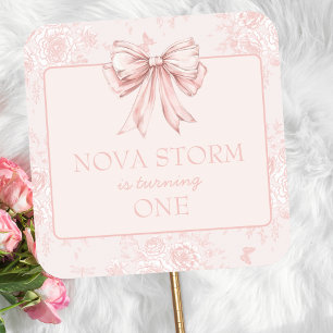 Adesivo Quadrado Toile Whimsy Festa de aniversário rosa personaliza