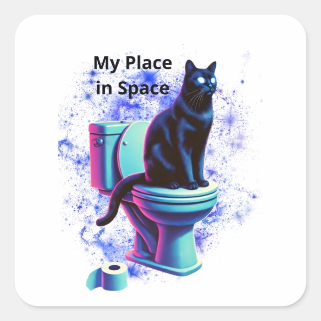 Adesivo Quadrado Toilet de Gato Negro Cósmico - Arte Surreal Vaporw (Frente)