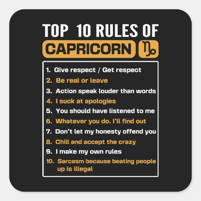 Adesivo Quadrado Top 10 Rules Of Capricorn, Capricorn Facts Traits (Frente)