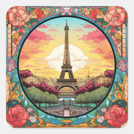 Adesivo Quadrado Torre Eifel Sunset Parisiense Paris Floral Francês