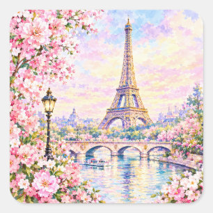 Adesivo Quadrado Torre Eiffel Aquarela Paris Flores Rosa Francesa