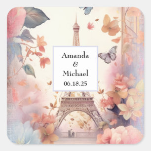 Adesivo Quadrado Torre Eiffel Borboletas e Flores Casamento
