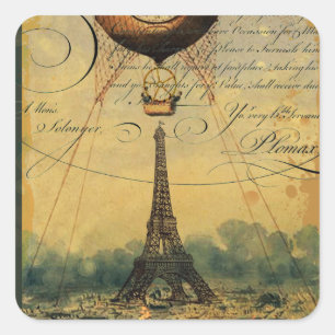 Adesivo Quadrado Torre Eiffel Steampunk e Balão de Ar Quente