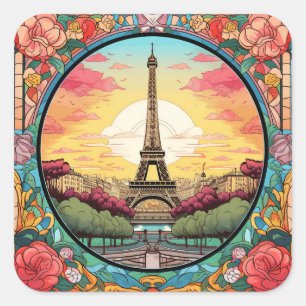 Adesivo Quadrado Torre Eiffel Sunset Parisiense Paris Floral Francê