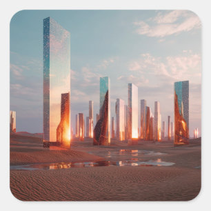Adesivo Quadrado Torres Espelhadas Surreais Futuristas No Deserto