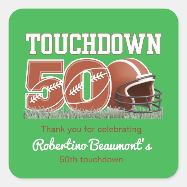 Adesivo Quadrado Touchdown 50 Engraçado Futebol 50º aniversário (Frente)