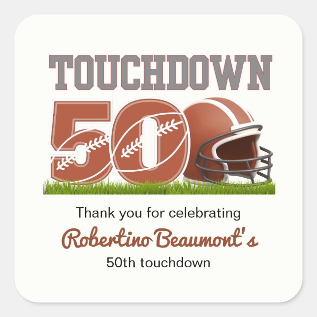 Adesivo Quadrado Touchdown 50 Engraçado Futebol 50º aniversário (Frente)