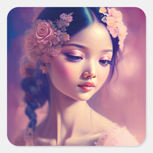 Adesivo Quadrado Trabalho de arte clássico de uma garota asiática (Frente)