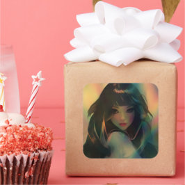 Adesivo Quadrado Trabalho de arte da Anime Girl cercada por Rainbow