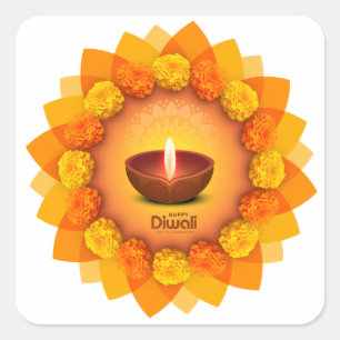 Adesivo Quadrado Tradicional Diwali Diya Marigold Festival de Luz