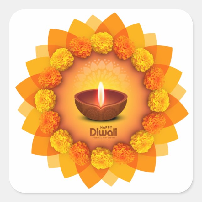 Adesivo Quadrado Tradicional Diwali Diya Marigold Festival de Luz (Frente)