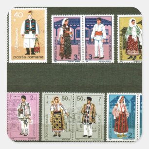 Adesivo Quadrado Trajes populares romenos em selos