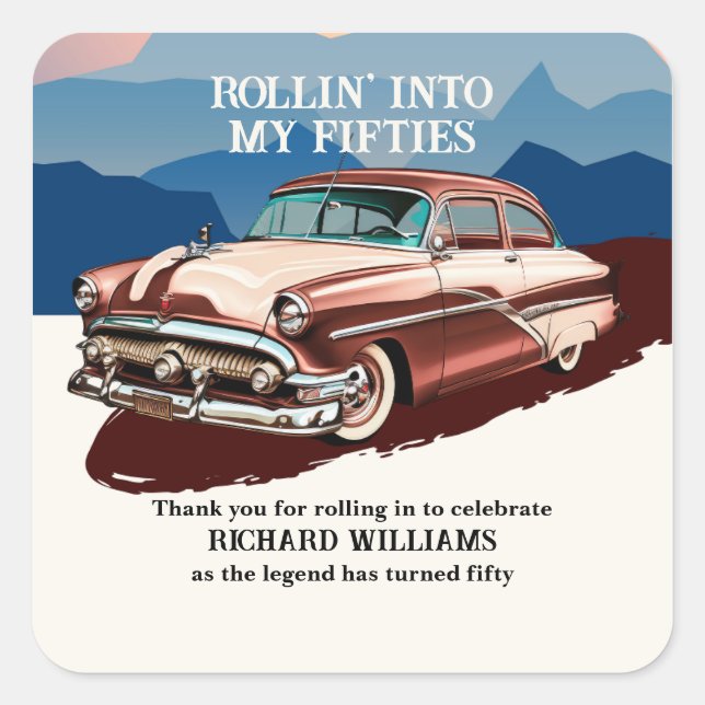 Adesivo Quadrado Travel Retro Classic Car Theme 50th Birthday (Frente)