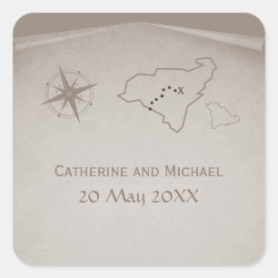 Adesivo Quadrado Treasure Map Wedding Stickers, Beige