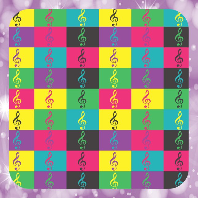 Adesivo Quadrado Treble Clef Music Symbol Bright (A sticker with a treble clef pattern done in blue, yellow, green, pink and purple)