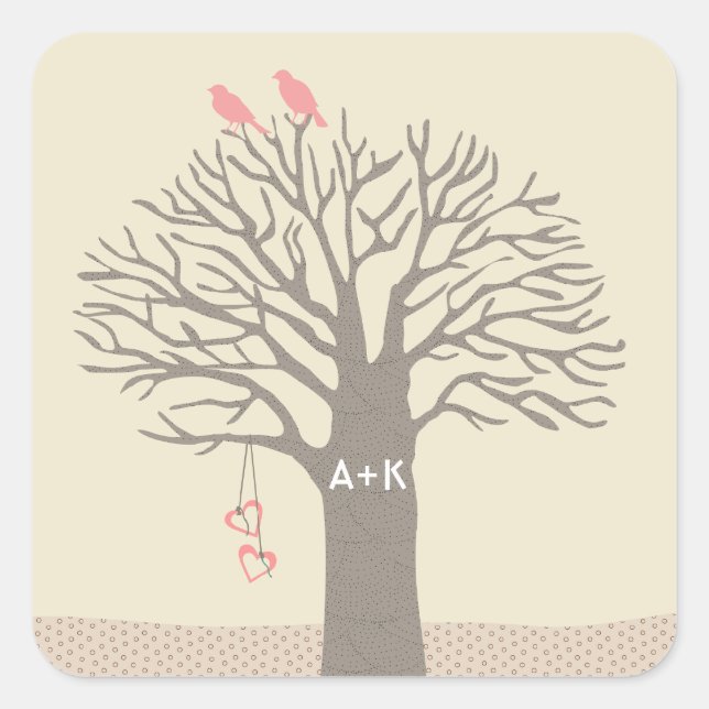 Adesivo Quadrado Tree Love Birds Love Initials Custom Sticker (Frente)