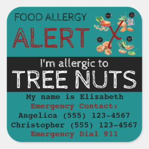 Adesivo Quadrado Tree Nut Allergy Alert Sticker Teal
