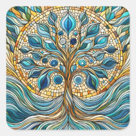 Adesivo Quadrado Tree of Life Shattered Glass Mosaic Aqua Blues