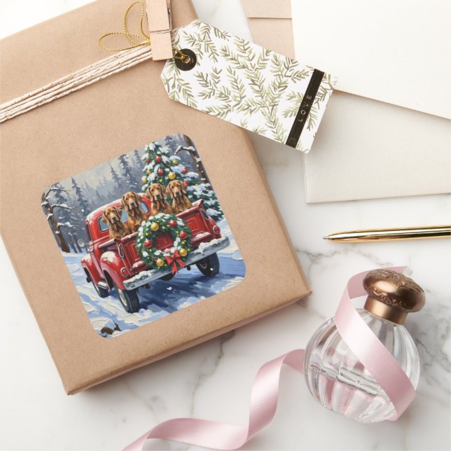 Adesivo Quadrado Treeing Walker Coonhound Christmas Red Truck (Presentear)