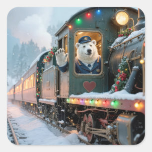 Adesivo Quadrado Trem de Natal Antigo com Urso Polar Acenando
