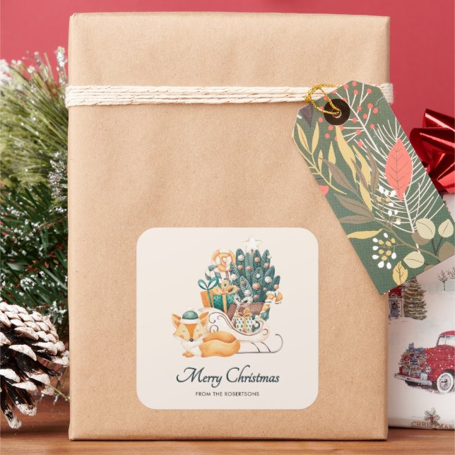 Adesivo Quadrado Trena de Natal de Raposa em Aquarela Férias (Feriado)