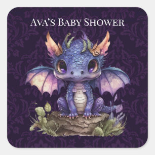 Adesivo Quadrado Trendy Damask Purple Dragon Girl Chá de fraldas