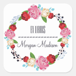 Adesivo Quadrado Trendy Floral Rosas Wreath Bookplate
