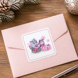 Adesivo Quadrado Trenó de Natal em Aquarela Rosa