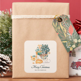 Adesivo Quadrado Trenós de Natal de Raposa em Aquarela Férias
