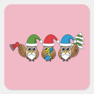 Adesivo Quadrado Três Corujas Engraçadas de Gnomo de Natal