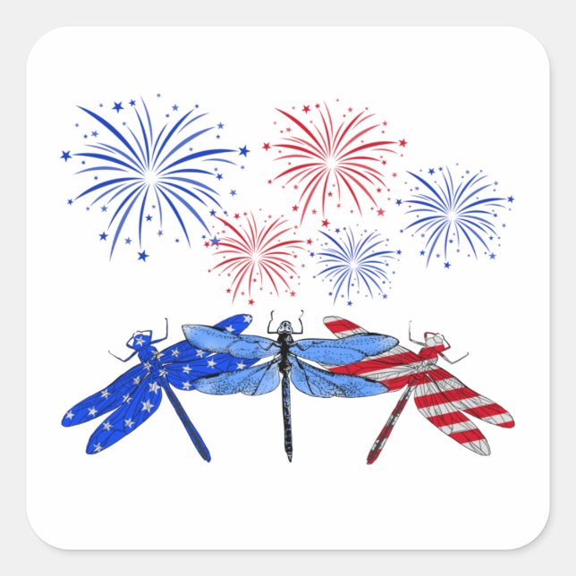 Adesivo Quadrado Três Dragonfly American Flag Shirt 4 De Julho (Frente)