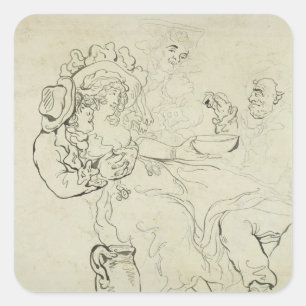 Adesivo Quadrado Três homens e um bebendo da mulher (caneta & tint