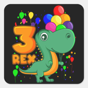 Adesivo Quadrado Três REX 3 anos aniversário de 3 anos Dino