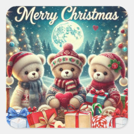 Adesivo Quadrado Três Ursos de Teddy Bonitos Feliz Natal