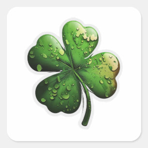 Adesivo Quadrado Trevo de Quatro Folhas Lucky Green com Orvalho