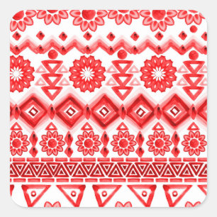 Adesivo Quadrado Tribal vermelho, padrão étnico de aquarela.