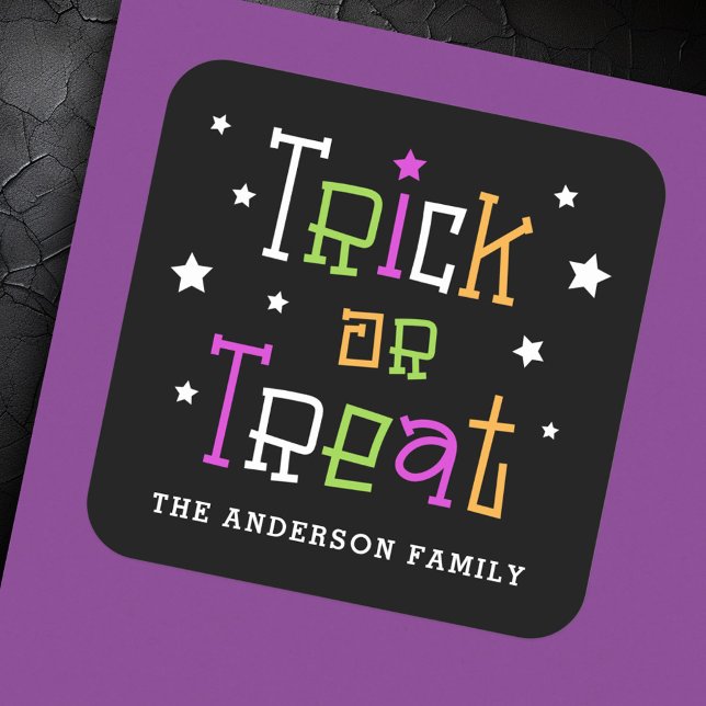 Adesivo Quadrado Trick or treat estrelas Feliz Halloween (Trick or treat stars Happy Halloween Square Sticker)