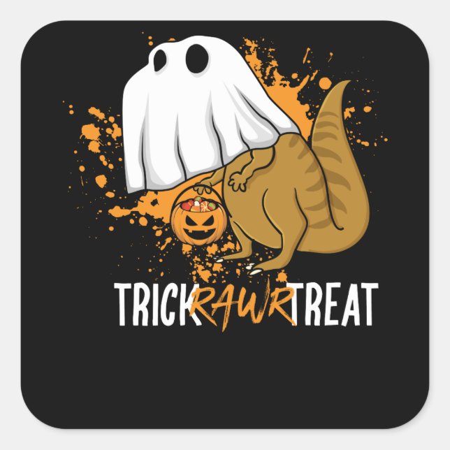 Adesivo Quadrado Trick Rawr Treat Halloween T Rex Dinosaur Ghost (Frente)