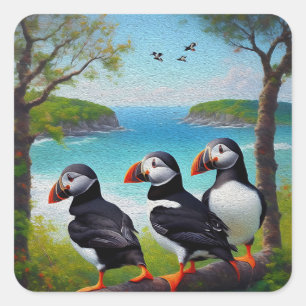 Adesivo Quadrado Trio Costeiro: Três Puffins na Praia em Óleos