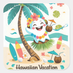 Adesivo Quadrado Tropical Boo - Kawaii Havaii - Férias Fantasmas