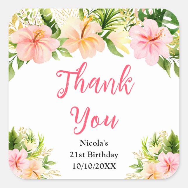 Adesivo Quadrado Tropical Jungle Floral Birthday Thank You (Frente)