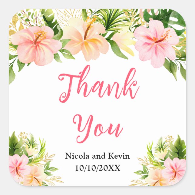 Adesivo Quadrado Tropical Jungle Floral Wedding Thank You (Frente)