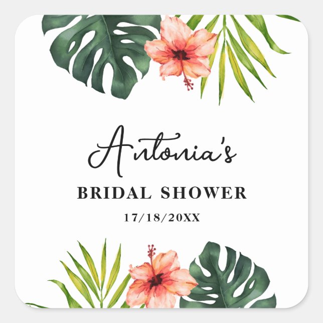 Adesivo Quadrado Tropical Monstera Palm Bridal Shower  (Frente)