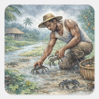 Adesivo Quadrado Tropical Village Life: Man Catching Crabs in Rain