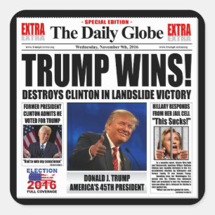Adesivo Quadrado Trump Vence! Sátiras de Jornal Anti Clinton Engraç