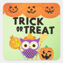 Adesivo Quadrado Truque ou tratamento, coruja de Halloween, Dia de 
